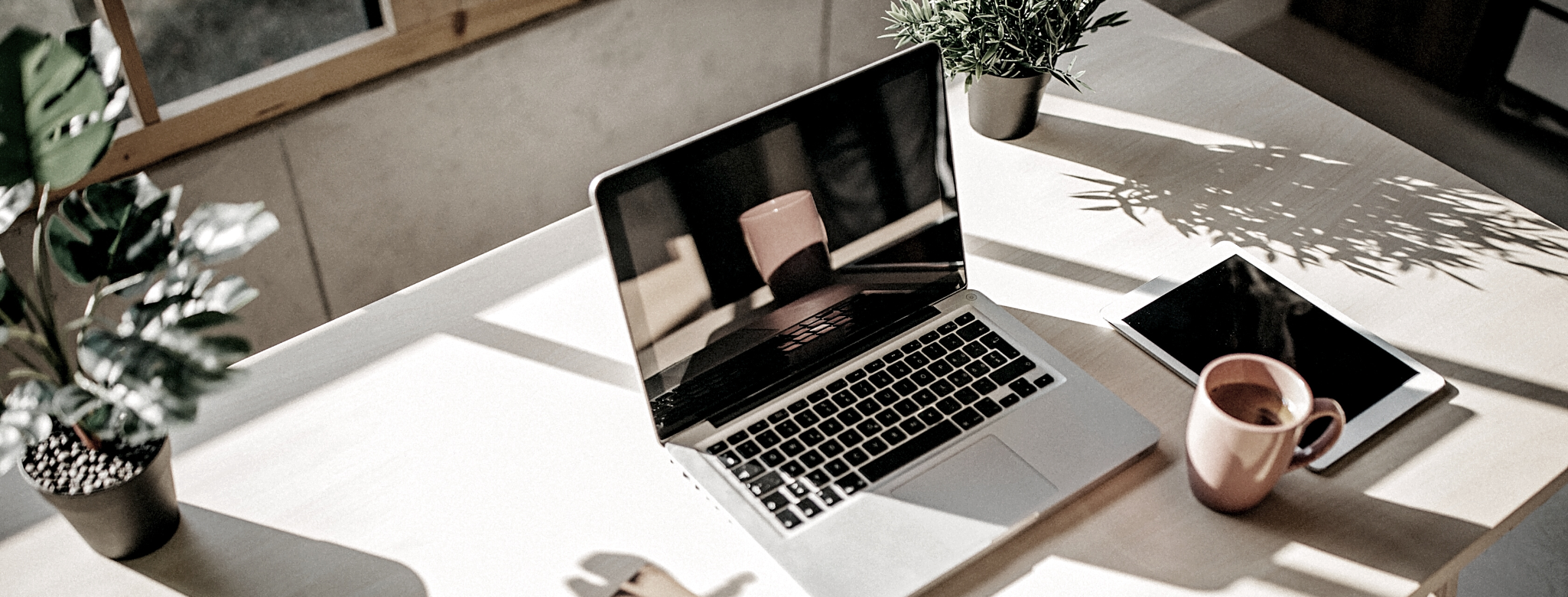 Bureau en bois clair avec ordinateur portable, tablette, tasse de café et plantes vertes dans un espace lumineux