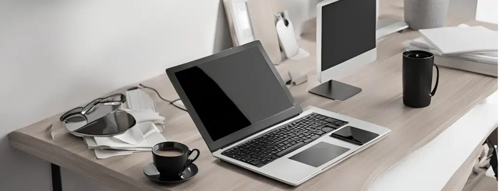 Ordinateur portable ouvert sur un bureau avec une tasse noire, une plante verte et un carnet